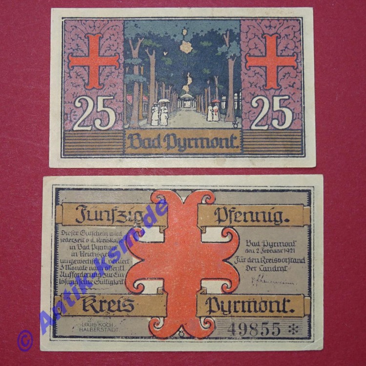 Notgeld Kreis Pyrmont , Niedersachsen , vollständiger Satz mit 2 Scheinen in kassenfrischer Erhaltung , Seriennotgeld , 1085.1 , von 1921