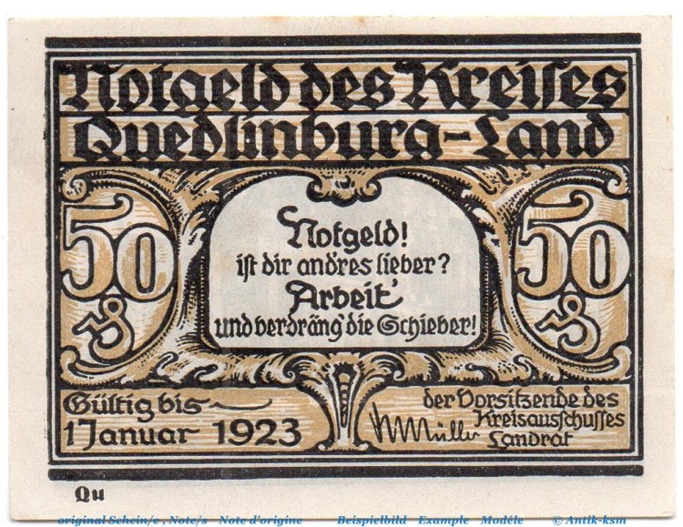 Notgeld Kreis Quedlinburg 1089.1.a , 50 Pfennig Schein - Qu - o.D. Sachsen Anhalt Seriennotgeld