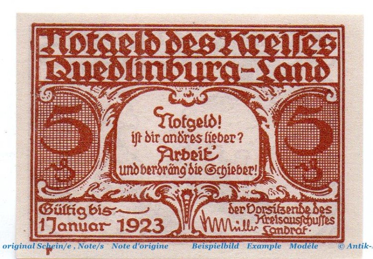 Notgeld Kreis Quedlinburg 1089.1.a , 5 Pfennig Schein - r -   o. D. Sachsen Anhalt Seriennotgeld