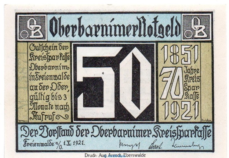 Notgeld Kreissparkasse Oberbarnim 993.1 , 50 Pfennig Schein in kfr. von 1921 Brandenburg Seriennotgeld