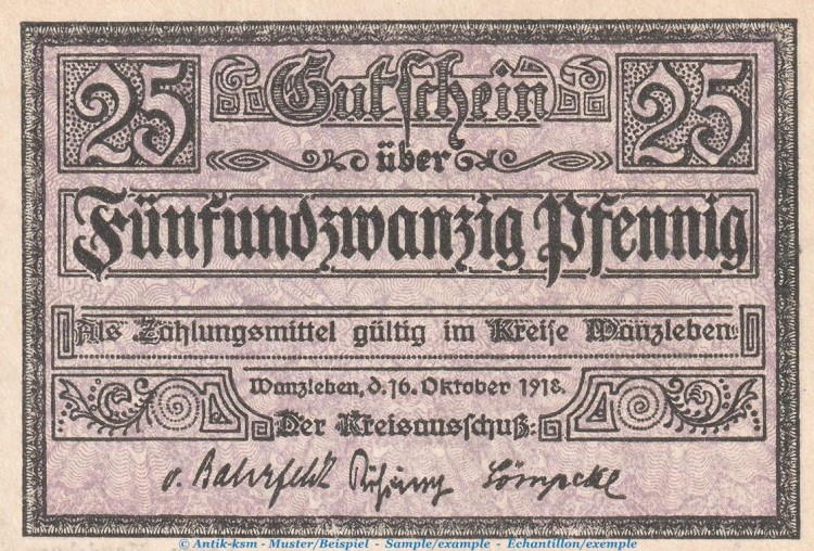 Notgeld Kreis Wanzleben , 25 Pfennig Schein in kfr. Tieste 7710.05.07 von 1918 , Sachsen Anhalt Verkehrsausgabe