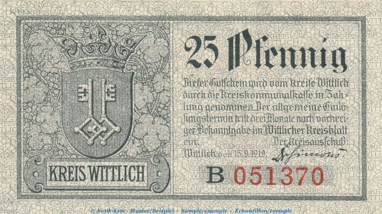 Notgeld Kreis Wittlich 25 Pfennig Schein -B- in kfr. Tieste 8030.10.10 von 1919 , Rheinland Verkehrsausgabe