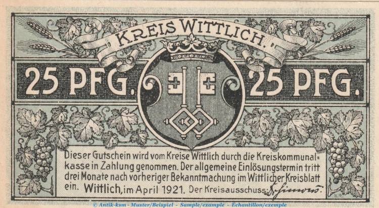 Notgeld Kreis Wittlich 25 Pfennig Schein -blau- in kfr. Tieste 8030.10.25 von 1921 , Rheinland Verkehrsausgabe