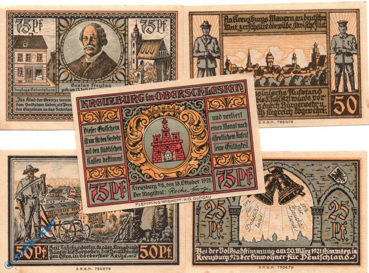 Notgeld Kreuzburg , Set mit 5 Scheinen kfr. Mehl Grabowski 744.2 , von 1921 , Oberschlesien Seriennotgeld
