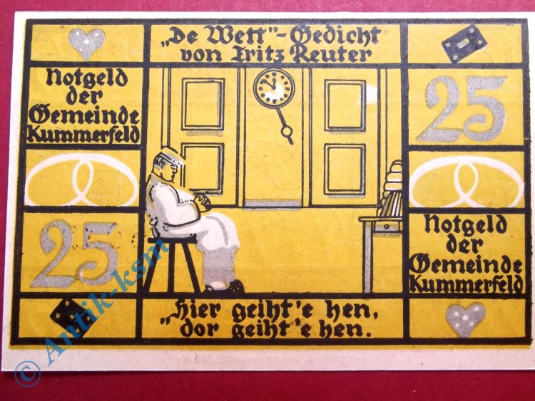 Notgeld Kummerfeld , 25 Pfennig Schein 1 , Mehl Grabowski 749.7 , Schleswig Holstein Seriennotgeld