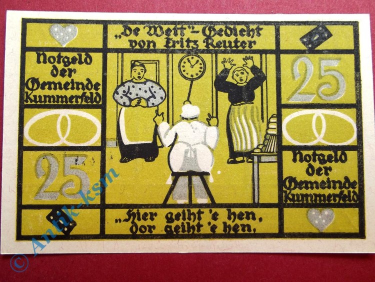 Notgeld Kummerfeld , 25 Pfennig Schein 2 , Mehl Grabowski 749.6 , Schleswig Holstein Seriennotgeld