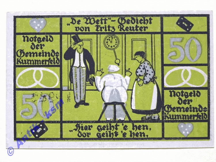 Notgeld Kummerfeld , Schleswig Holstein , Einzelschein über 50 Pfennig 2 Männer und 1 Frau , Mehl Grabowski 749.6 A , Seriennotgeld