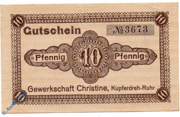 Notgeld Kupferdreh , Gewerkschaft Christine , 10 Pfennig Schein , Tieste 3770.10.01 , Rheinland Verkehrsausgabe
