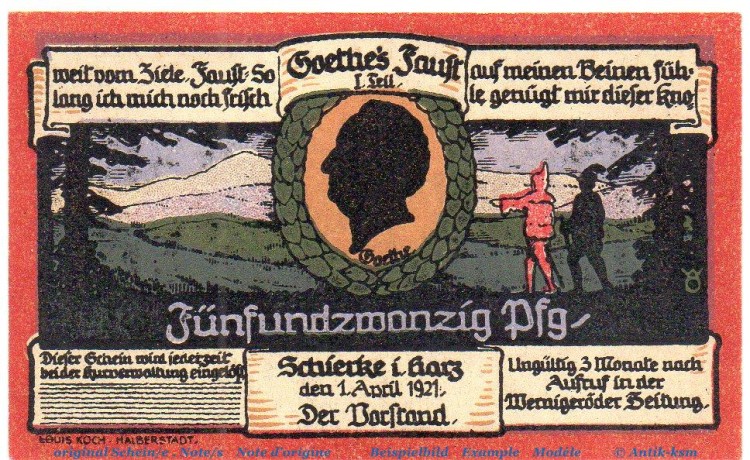 Notgeld Kurverwaltung Schierke 1179.1.b , 25 Pfennig Nr 1 Ohne Kennummer in kfr. von 1921 , Sachsen Anhalt Seriennotgeld