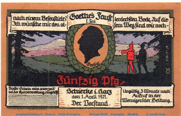 Notgeld Kurverwaltung Schierke 1179.1.b , 50 Pfennig Nr 2 Ohne Kennummer in kfr. von 1921 , Sachsen Anhalt Seriennotgeld