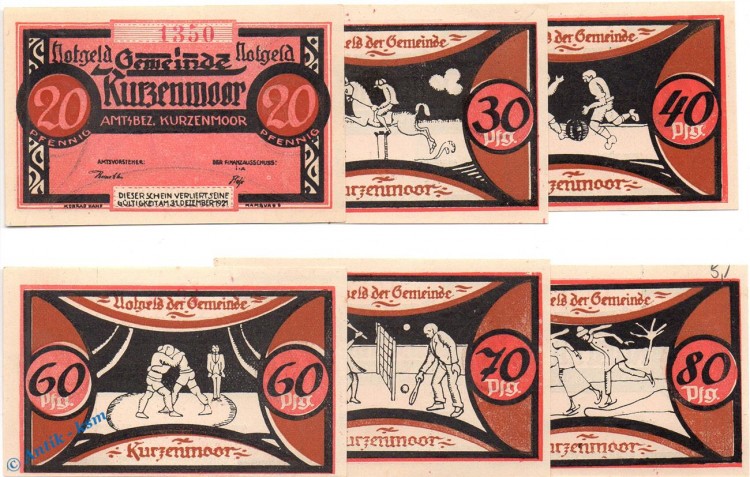 Notgeld Kurzenmoor , Set mit 6 Scheinen in kfr. Mehl Grabowski 751.1 , von 1921 , Schleswig Holstein Seriennotgeld