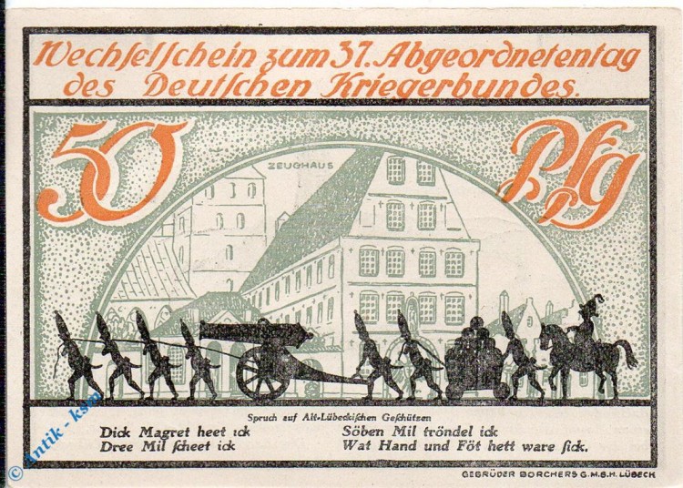 Notgeld Lübeck , 50 Pfennig Schein Nr. 2 , Mehl Grabowski 825.1 , von 1921 , Schleswig Holstein Seriennotgeld
