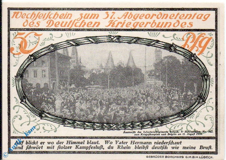 Notgeld Lübeck , 50 Pfennig Schein Nr. 4 , Mehl Grabowski 825.1 , von 1921 , Schleswig Holstein Seriennotgeld
