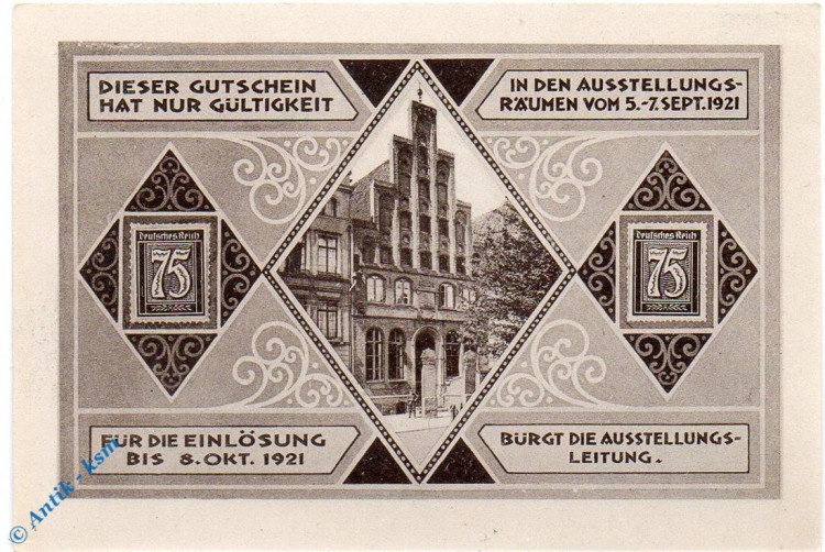 Notgeld Lübeck , 75 Pfennig Schein 4 , blaugrau braun , Mehl Grabowski 826.2 , von 1921 , Schleswig Holstein Seriennotgeld