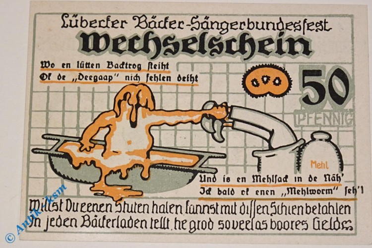 Notgeld Lübeck , Bäcker Sängerbund , 50 Pfennig Schein Nr 4 , Mehl Grabowski 820.1 , Schleswig Holstein Serien Notgeld