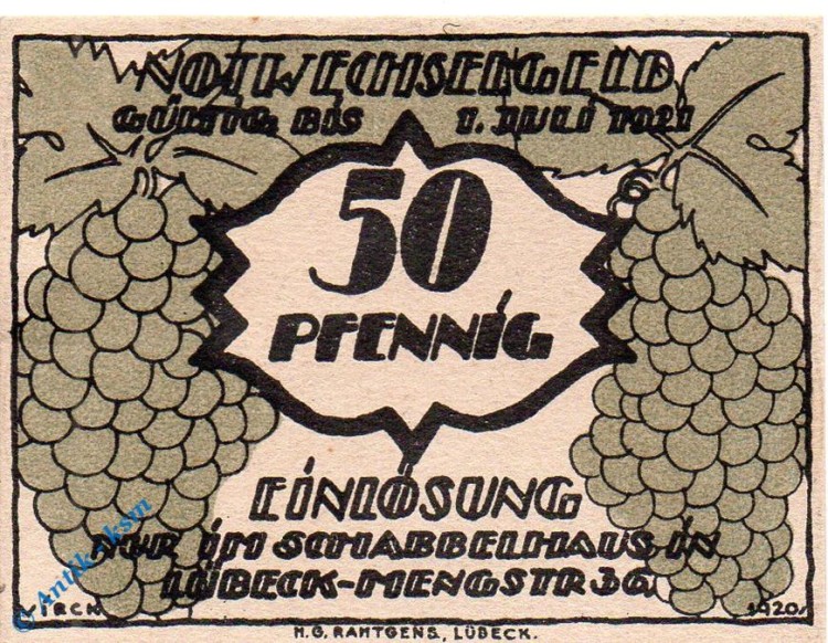Notgeld Lübeck , Schabbelhaus , 50 Pfennig Schein kfr. Mehl Grabowski 830.1 , von 1921 , Schleswig Holstein Seriennotgeld