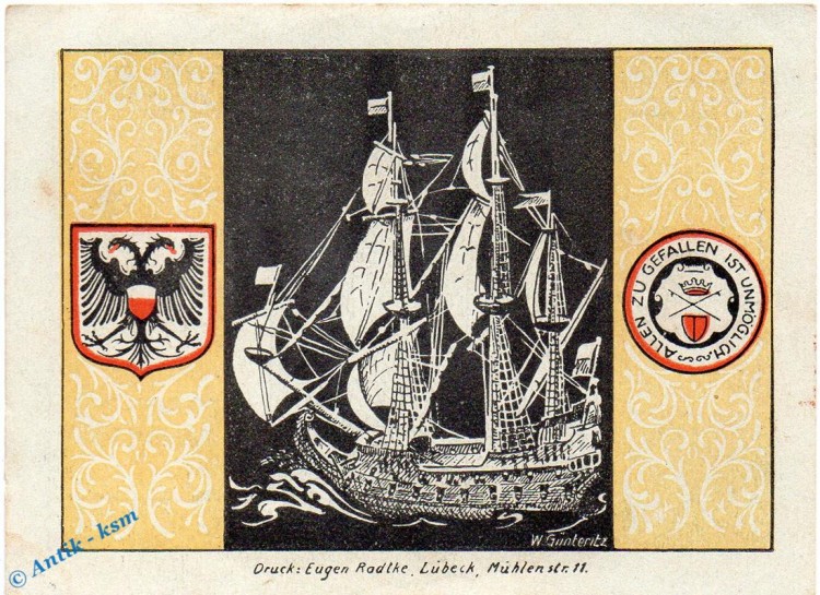 Notgeld Lübeck , Schiffergesellschaft , 50 Pfennig Schein Nr 2 kfr , mit Signatur , Mehl Grabowski 824.1 a , Schleswig Holstein Seriennotgeld