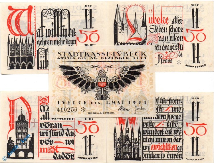 Notgeld Lübeck , Set mit 5 Scheinen , Mehl Grabowski 831.2 , von 1921 , Schleswig Holstein Seriennotgeld