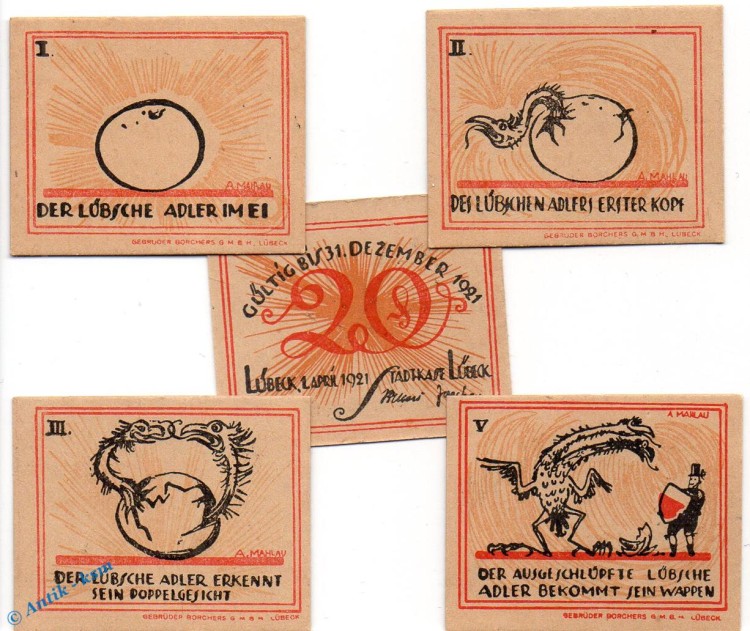 Notgeld Lübeck , Stadtkasse , Set mit 5 Scheinen in kfr. Mehl Grabowski 831.1 , von 1921 , Schleswig Holstein Seriennotgeld