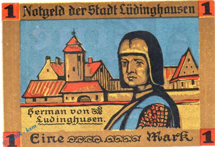 Notgeld Lüdinghausen , 1 Mark Schein in kfr. Mehl Grabowski 837.1 , von 1921 , Westfalen Seriennotgeld