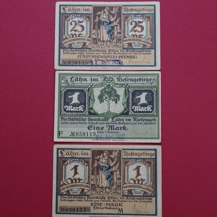 Notgeld Lähn , Städtische Sparkasse , Schlesien , Polen Wlen , Satz mit 3 Scheinen in kassenfrischer und gebrauchter Erhaltung , Seriennotgeld , 1 x 756.1 A , 2 x 756.3 A , von 1922