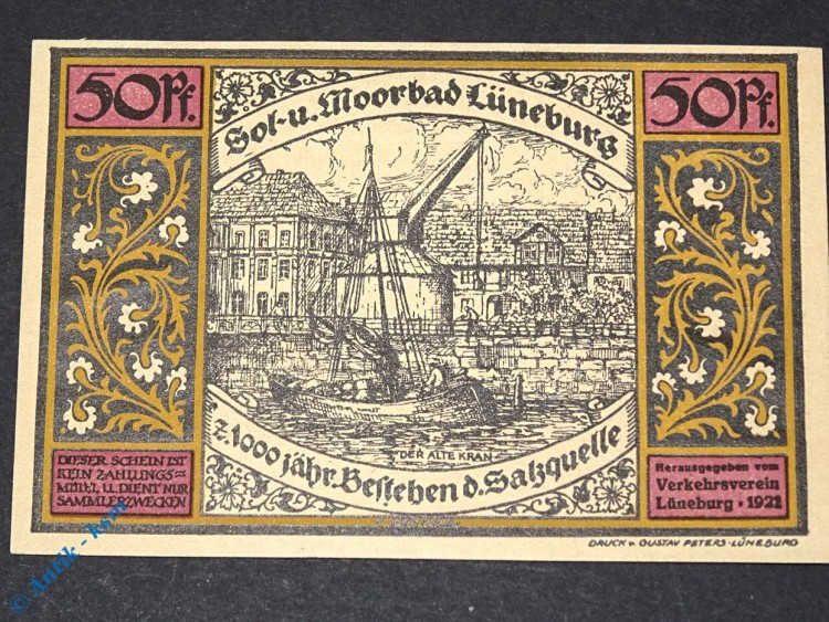 Notgeld Lüneburg , violett , 50 Pfennig Schein Nr 3 , Mehl Grabowski 840.2 , von 1921 , Niedersachsen Seriennotgeld