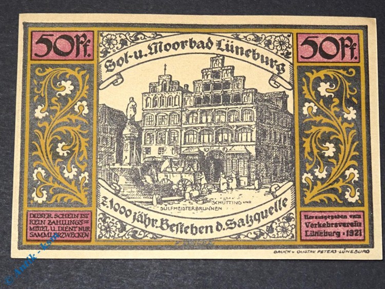 Notgeld Lüneburg , violett , 50 Pfennig Schein Nr 4 , Mehl Grabowski 840.2 , von 1921 , Niedersachsen Seriennotgeld