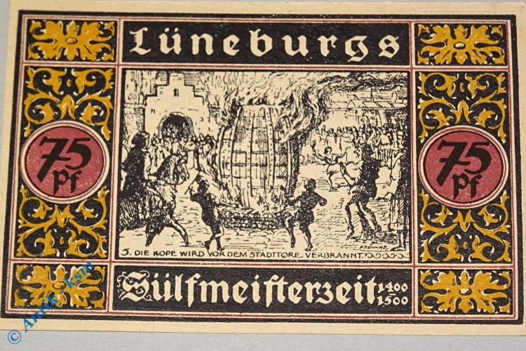 Notgeld Lüneburg , violett , 75 Pfennig Schein Nr 5 , Mehl Grabowski 840.2 , von 1921 , Niedersachsen Seriennotgeld