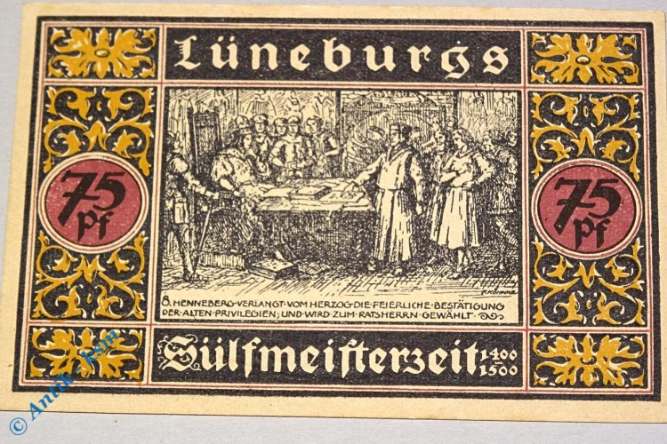 Notgeld Lüneburg , violett , 75 Pfennig Schein Nr 8 , Mehl Grabowski 840.2 , von 1921 , Niedersachsen Seriennotgeld