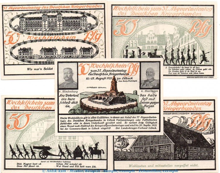 Notgeld Landeskriegerverband Lübeck 825.1 , Set mit 5 Scheinen in kfr. von 1921 , Schleswig Holstein SeriennotgeldNotgeld Landeskriegerverband Lübeck 825.1 , Set mit 5 Scheinen in kfr. von 1921 , Schleswig Holstein Seriennotgeld