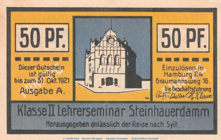 Notgeld Lehrerseminar Klasse II Hamburg 543.1 , 50 Pfennig Schein in kfr. o.D. Hamburg Seriennotgeld