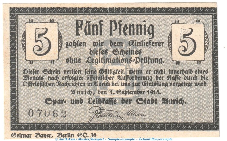 Notgeld Leihkasse Aurich , 5 Pfennig Schein in kfr. Tieste 0270.10.01 von 1918 , Niedersachsen Verkehrsausgabe