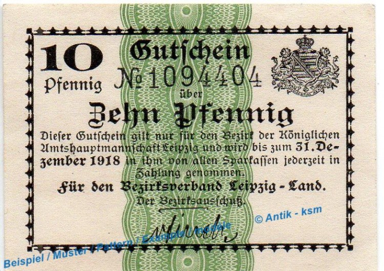 Notgeld Leipzig Land , 10 Pfennig Schein in kfr. Tieste 3990.05.01 , o.D. Sachsen Verkehrsausgabe