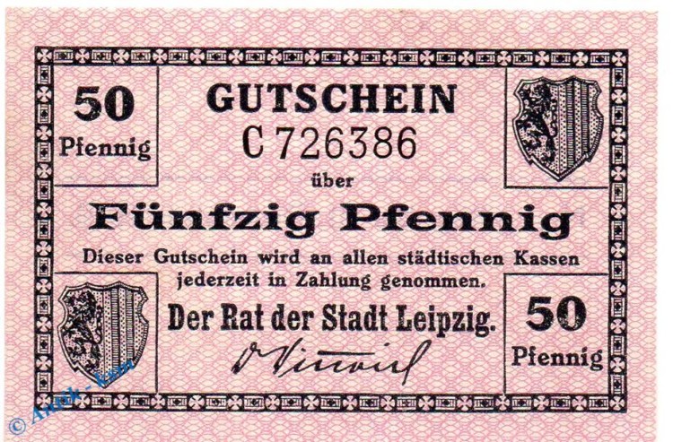 Notgeld Leipzig Stadt , 50 Pfennig Schein in kfr. Tieste 3980.115.15 , o.D. Sachsen Verkehrsausgabe
