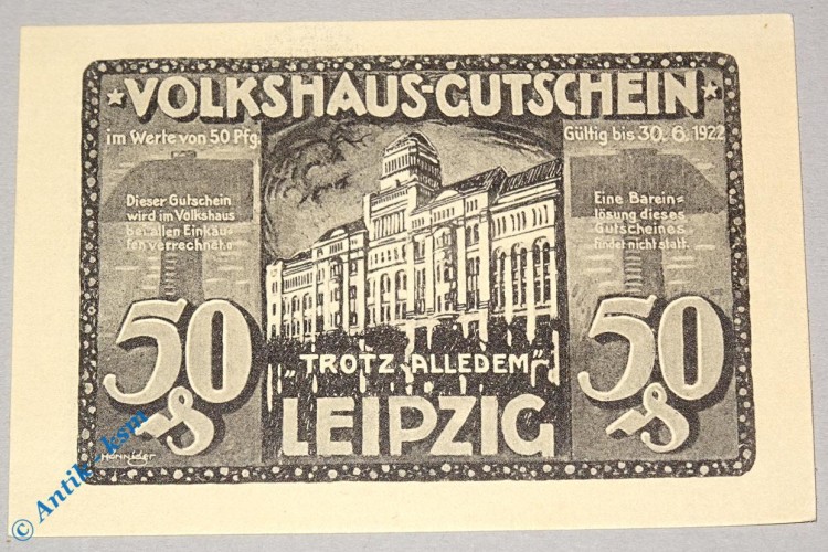 Notgeld Leipzig , Volkshaus , 50 Pfennig Schein Nr 1 , grau blau , Mehl Grabowski 786.3 , Sachsen Seriennotgeld