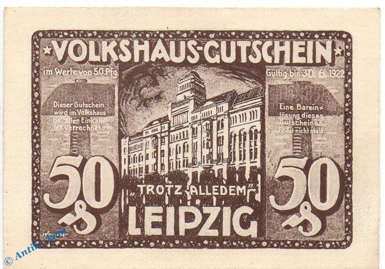 Notgeld Leipzig , Volkshaus , 50 Pfennig Schein Nr 1 in kfr. braun blau , Mehl Grabowski 786.2 , Sachsen Seriennotgeld