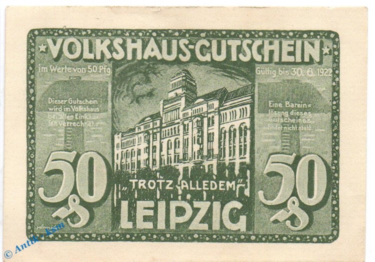 Notgeld Leipzig , Volkshaus , 50 Pfennig Schein Nr 2 , grün braun , Mehl Grabowski 786.4 , Sachsen Seriennotgeld