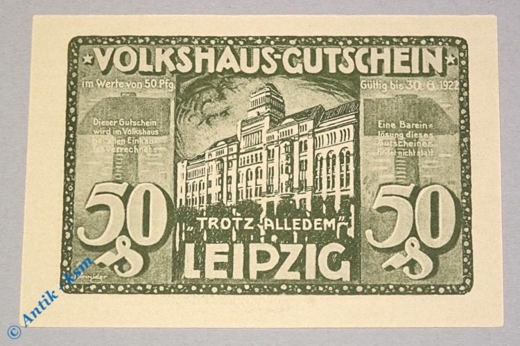 Notgeld Leipzig , Volkshaus , 50 Pfennig Schein Nr 3 , grün grau , Mehl Grabowski 786.4 , Sachsen Seriennotgeld