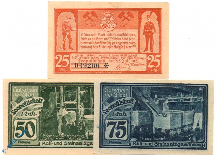 Notgeld Leopoldshall , Set mit 3 Scheinen , Serie 2 , Mehl Grabowski 794.2 , von 1921 , Sachsen Anhalt Seriennotgeld