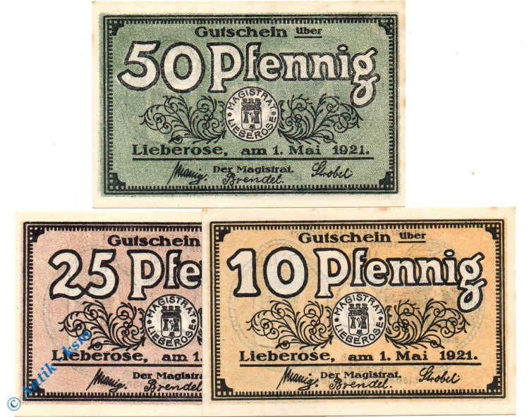 Notgeld Lieberose , Set mit 3 Scheinen , 1921 , Tieste 4065.05.15 bis 17 , von 1921 , Brandenburg Verkehrsausgabe