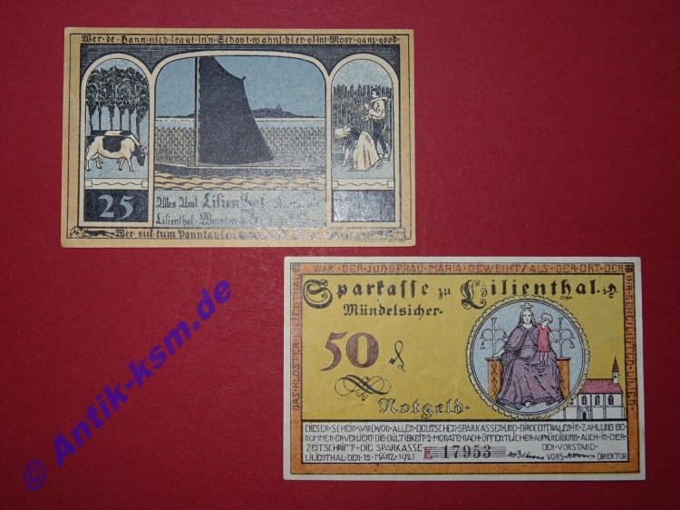Notgeld Lilienthal , Sparkasse , Niedersachsen , vollständiger Satz mit 2 Scheinen , Seriennotgeld , 802.8 , von 1921