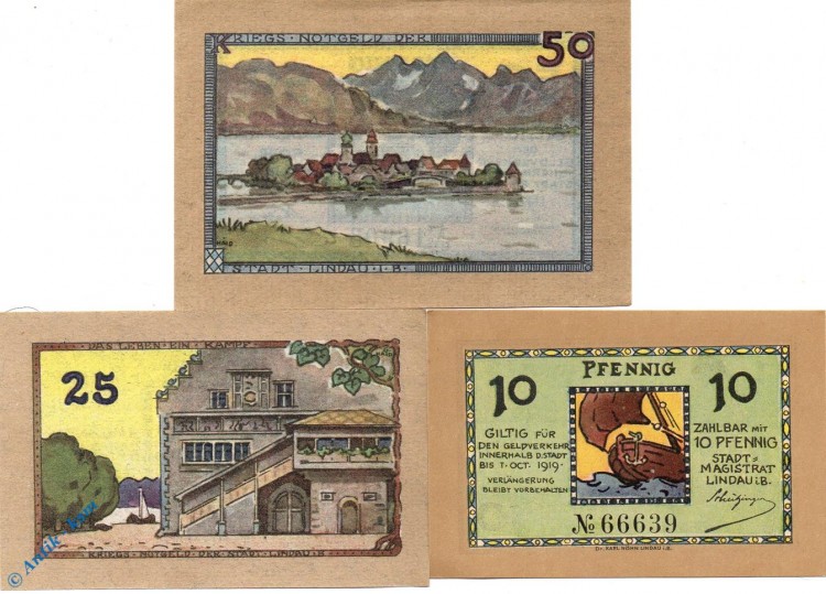 Notgeld Lindau , Set mit 3 Scheinen , Tieste 4105.05.01 bis 03 , Bayern Verkehrsausgabe