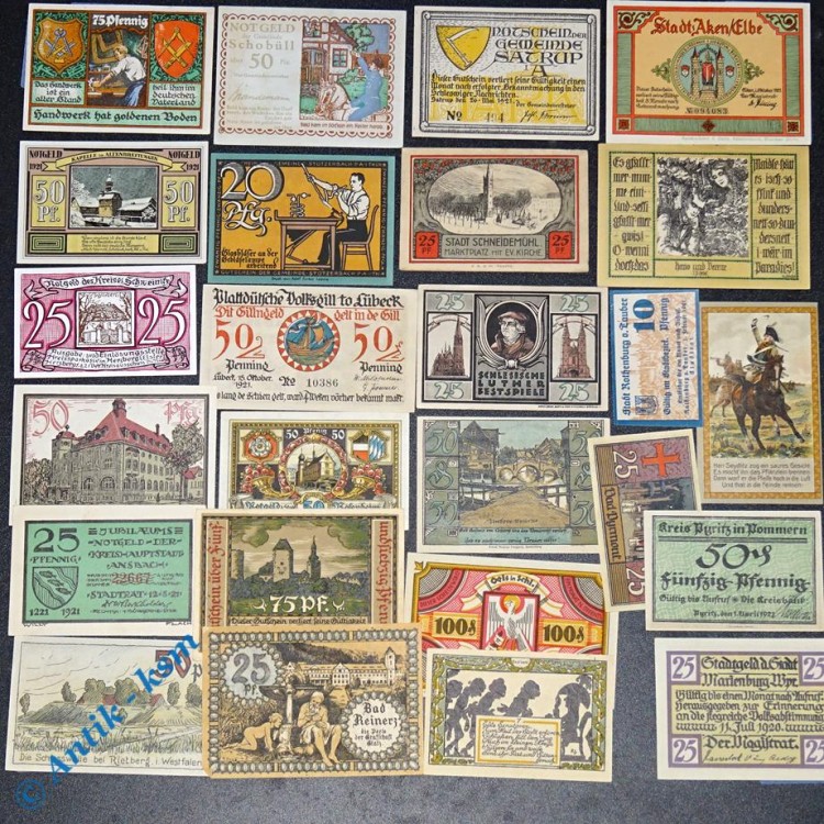 Notgeld Lot , 25 Einzelscheine , nur bessere , diverse Bundesländer , 25 Scheine in kassenfrischer Erhaltung , Seriennotgeld 3