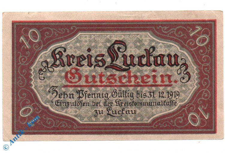 Notgeld Luckau , 10 Pfennig Schein - 31.12.1919 , Tieste 4225.05.20 , von 1917 , Brandenburg Verkehrsausgabe