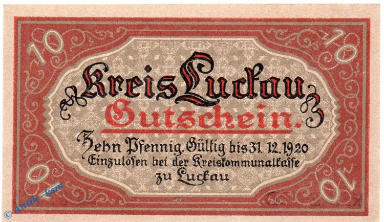 Notgeld Luckau , 10 Pfennig Schein in kfr. Tieste 4225.05.30 , von 1917 , Brandenburg Verkehrsausgabe