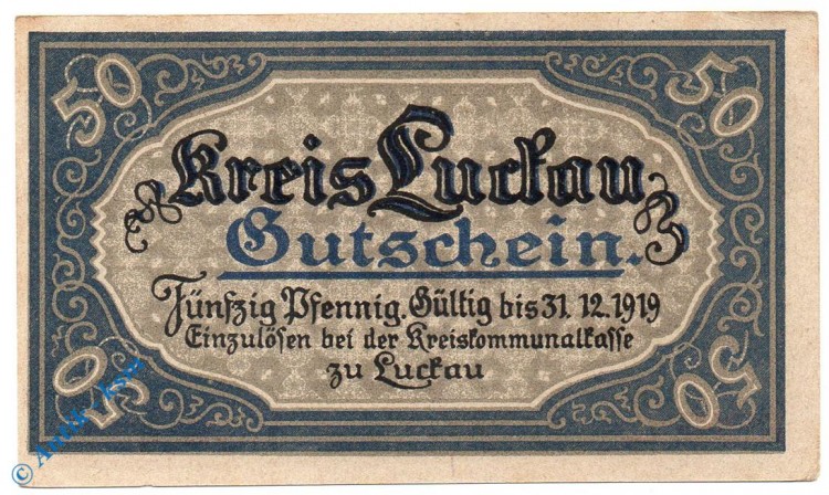 Notgeld Luckau , 50 Pfennig Schein , o. Wz , Tieste 4225.05.11 , von 1917 , Brandenburg Verkehrsausgabe