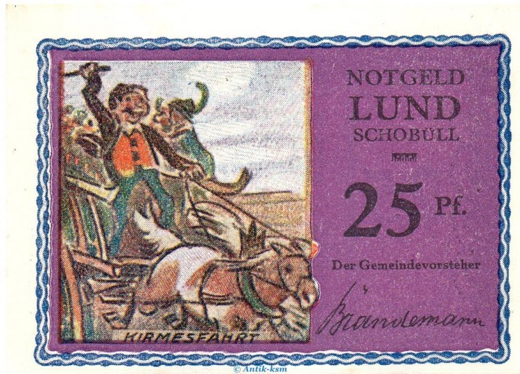 Notgeld Lund - Schobüll 844.2.b , 25 Pfennig Schein -violettrosa- in kfr. o.D. Schleswig Holstein Seriennotgeld