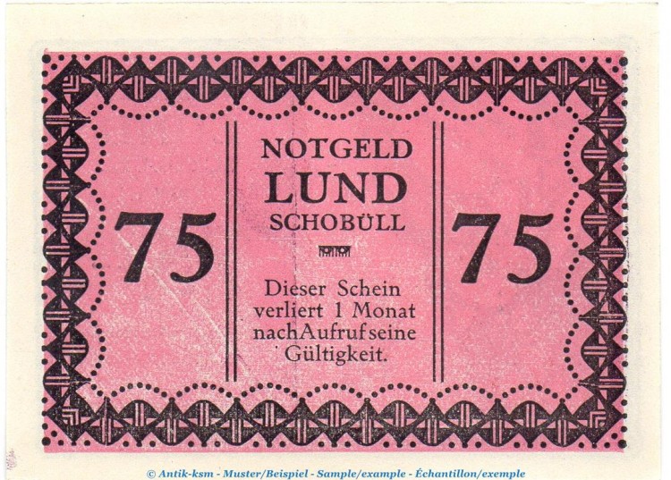 Notgeld Lund - Schobüll 844.2.b , 75 Pfennig Schein -violettrosa- in kfr. o.D. Schleswig Holstein Seriennotgeld