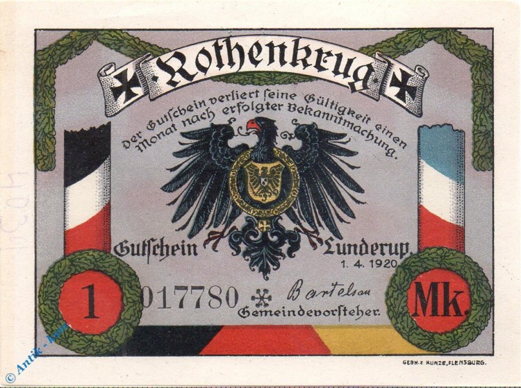 Notgeld Lunderup , Rothenkrug , 1 Mark Schein , Mehl Grabowski 846.1 a , von 1920 , dänisch Nordschleswig Seriennotgeld