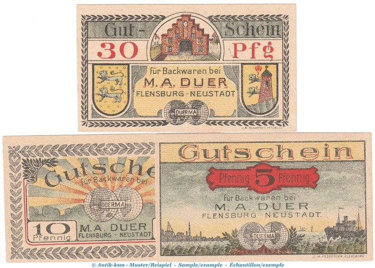 Notgeld M.A. Duer Flensburg 366.1 , Set mit 3 Scheinen in kfr. o.D. Schleswig Holstein Seriennotgeld